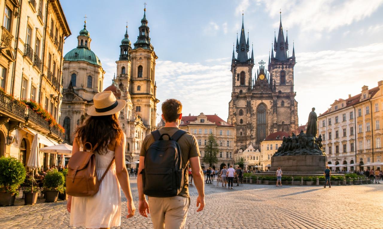 Two travelers with backpacks walking through a historic city square