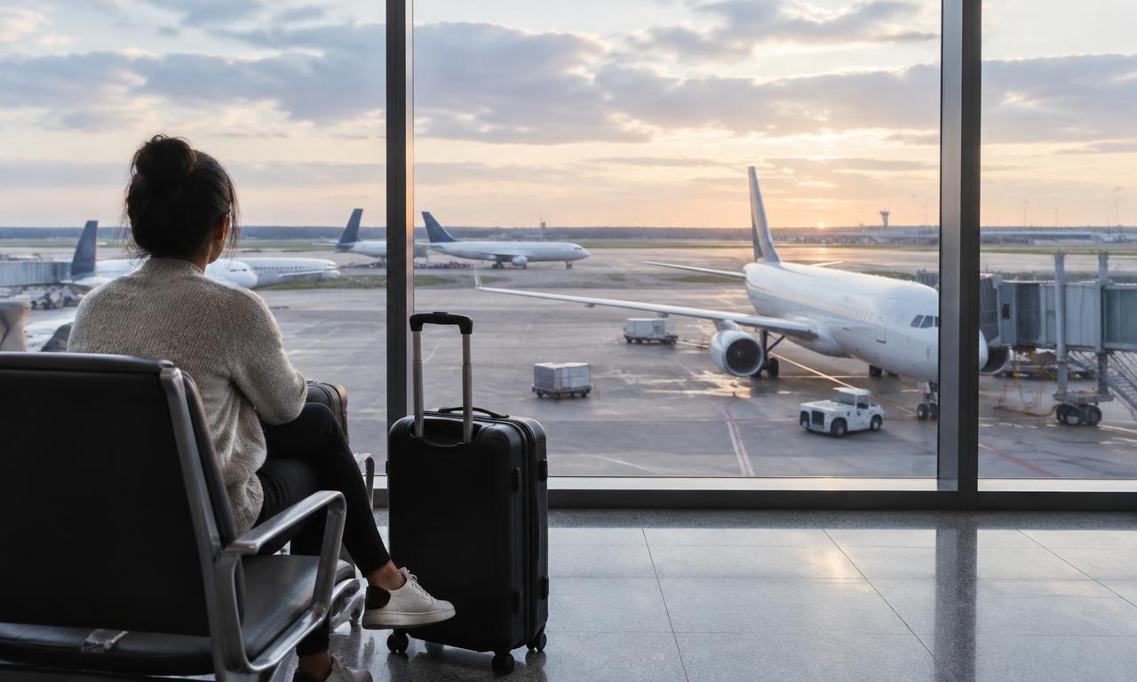 Traveler waiting with luggage by airport terminal windows