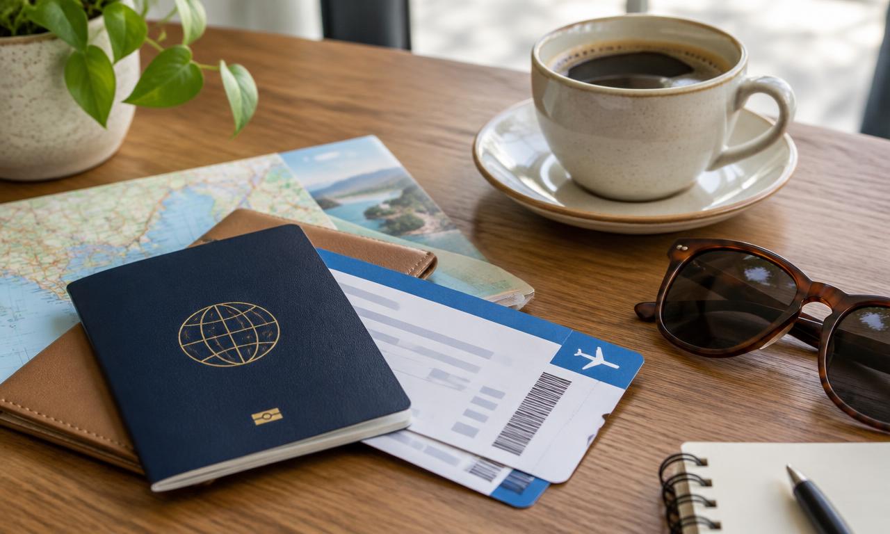 Passport and boarding pass on a table next to a coffee cup