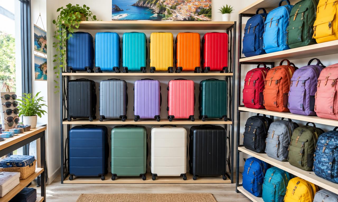 Colorful suitcases and backpacks stored on shelves