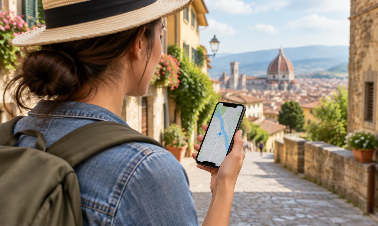 Traveler checking a map on a phone on a hillside street