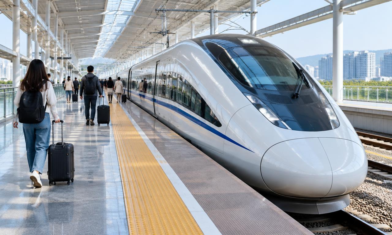 High-speed train waiting at a bright station platform